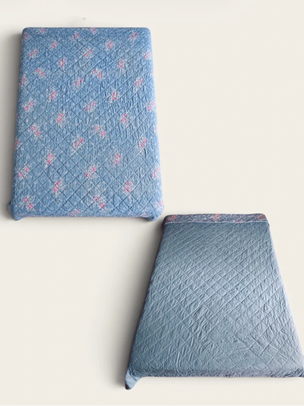 Vintage Reversible Blue Floral Quilt Coverlet 88 x 88